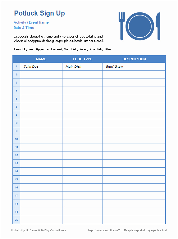 Party Food Sign Up Sheet Awesome Potluck Sign Up Sheets for Excel and Google Sheets