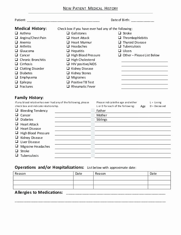 Patient Health History form Template Beautiful New Patient Medical History Template form