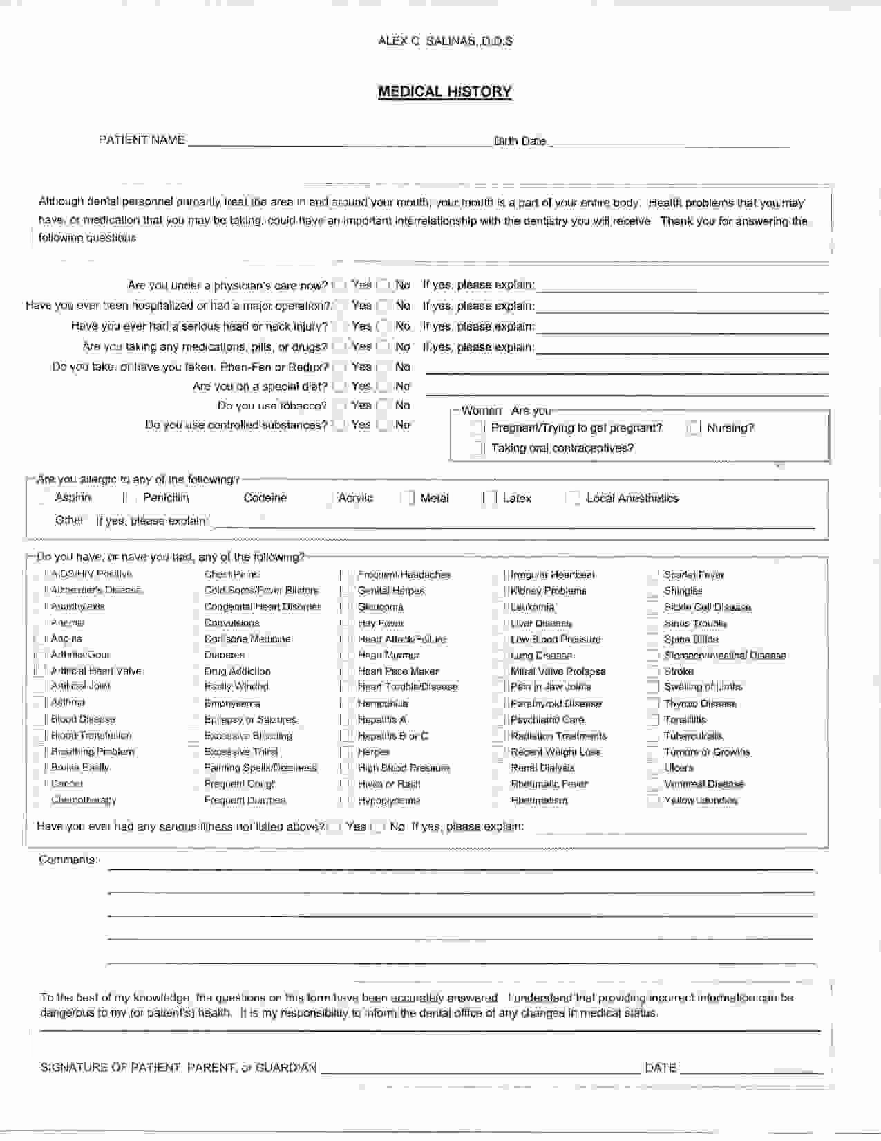 Patient Health History form Template Inspirational Medical History form for Dental Fice – Templates Free