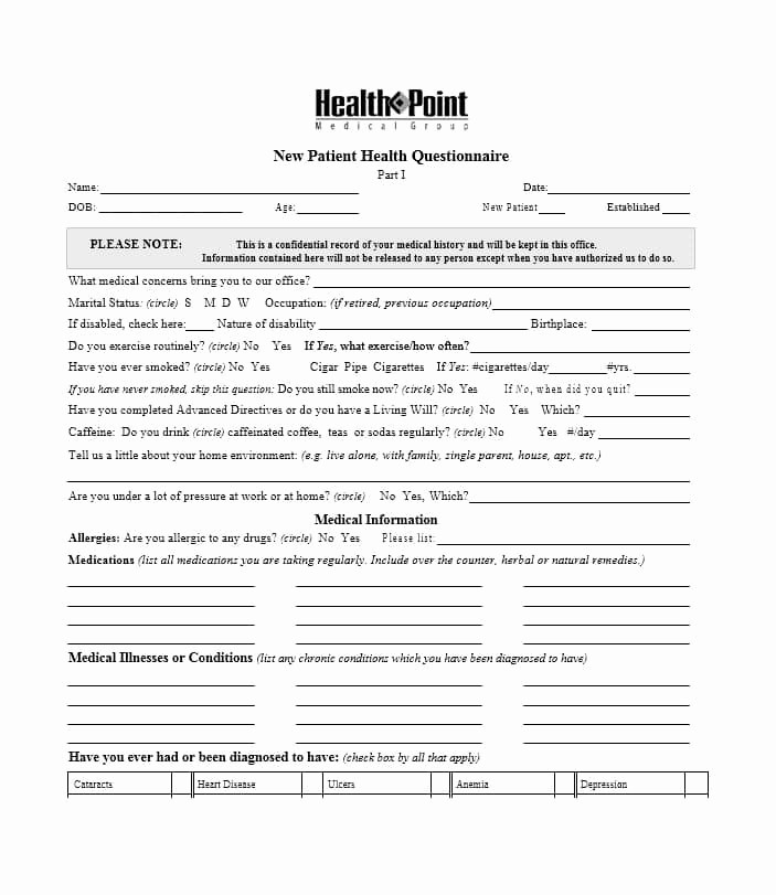 Patient Health History form Template Inspirational New Patient Health History form Template Glendale