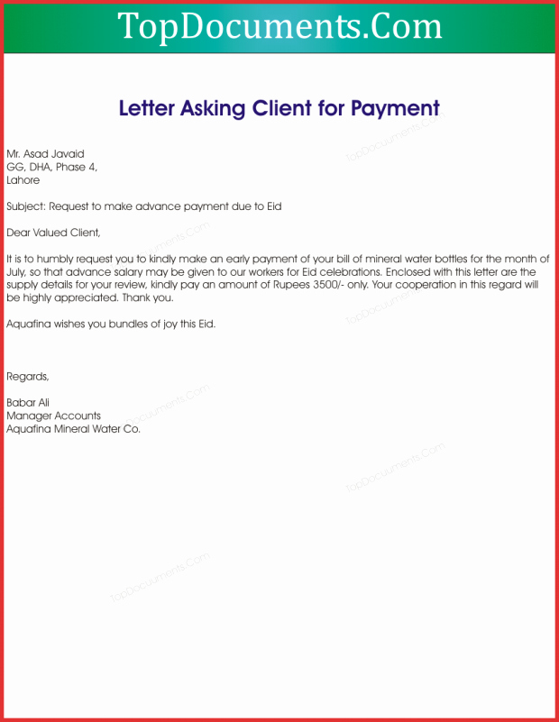 Advance Payment Letter Format To Client