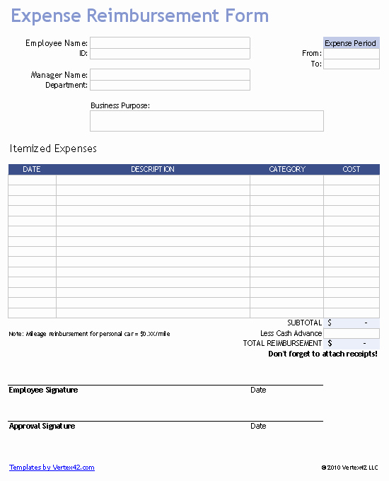 Per Diem Request form Template Awesome Free Expense Reimbursement form for Excel