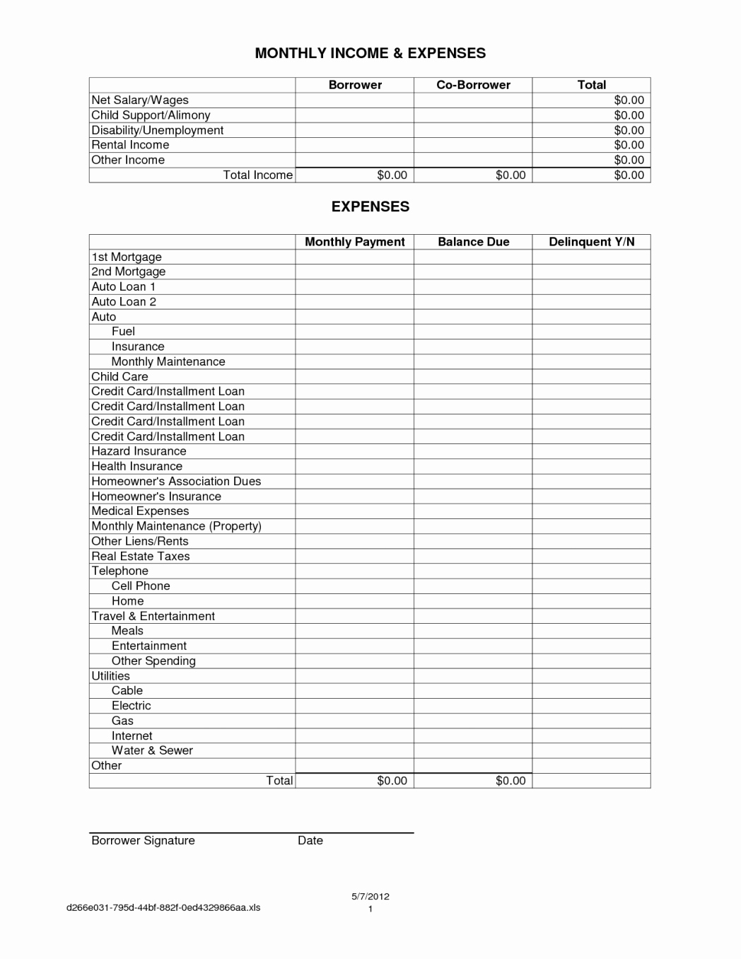 free income and expense template