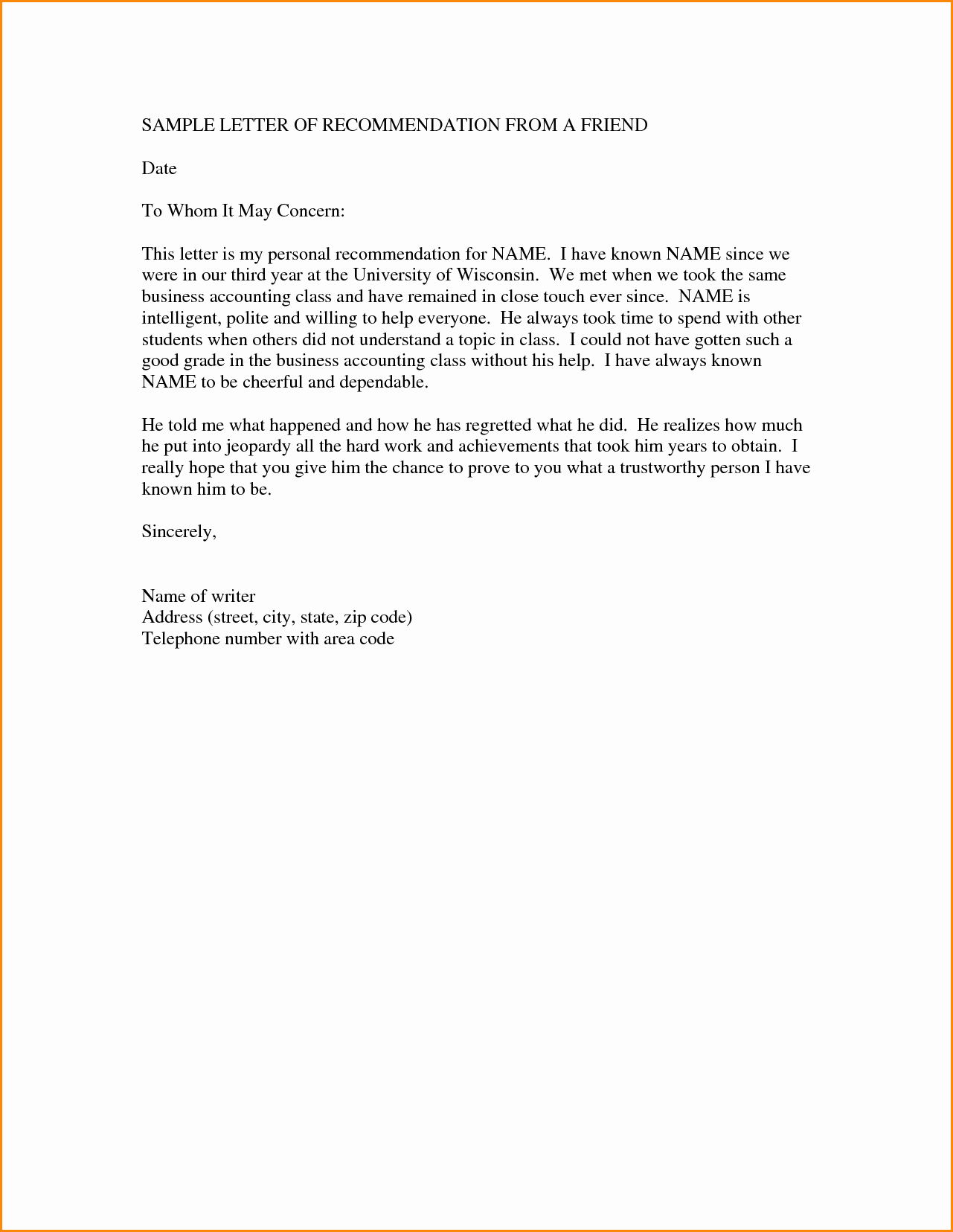 Personal Letter Of Recommendation Templates Unique Personal Re Mendation Letter Example