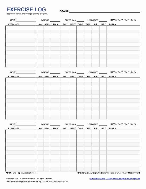 Personal Training Workout Log Template Unique Free Printable Exercise Log Pdf From Vertex42