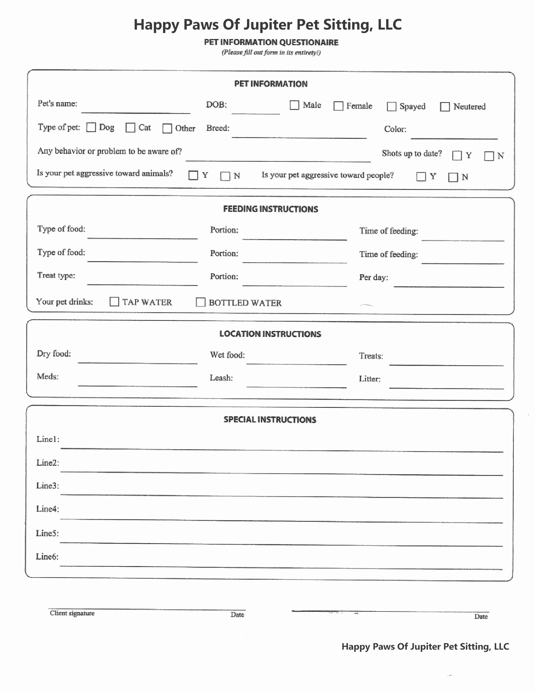 Pet Sitting Client Information form Awesome forms – Happy Paws