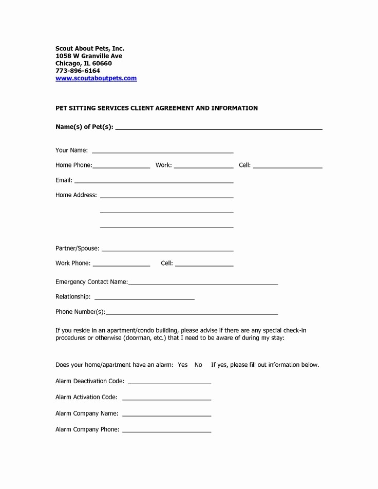 Pet Sitting Client Information form Awesome Pet Sitting Contract Template Free Printable Documents