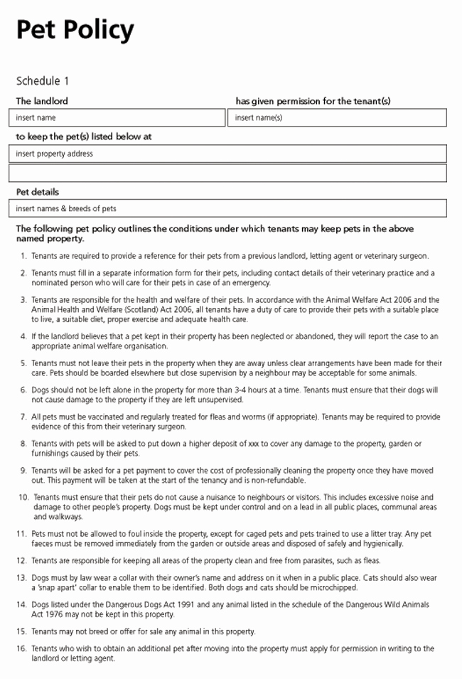 Pet Sitting Contract Template Free Awesome Pet Clause Policy form for Tenancy Agreements