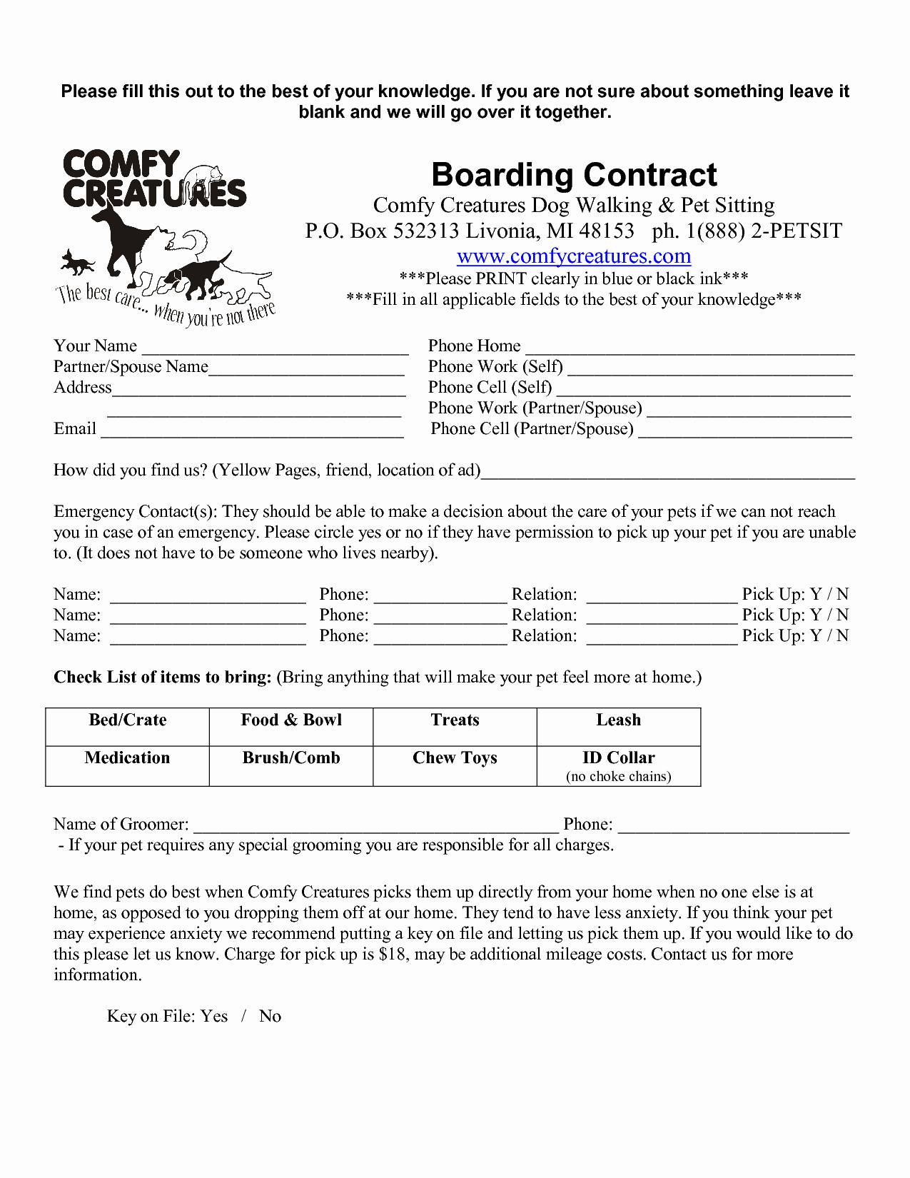 Pet Sitting Contract Template Free Inspirational 8 Best Of Free Templates Blank Printable Dog
