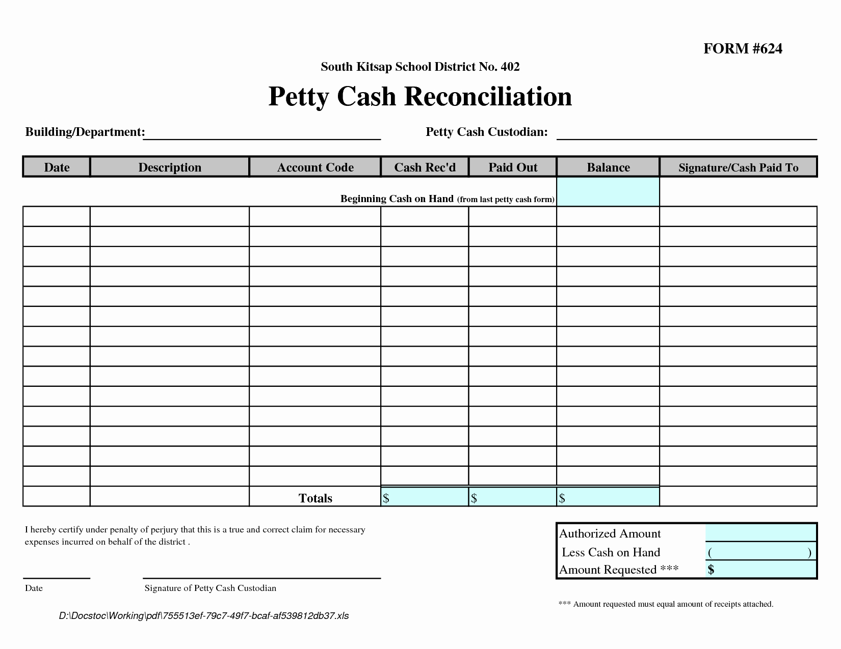 Petty Cash format In Excel Unique Petty Cash Reconciliation form Template
