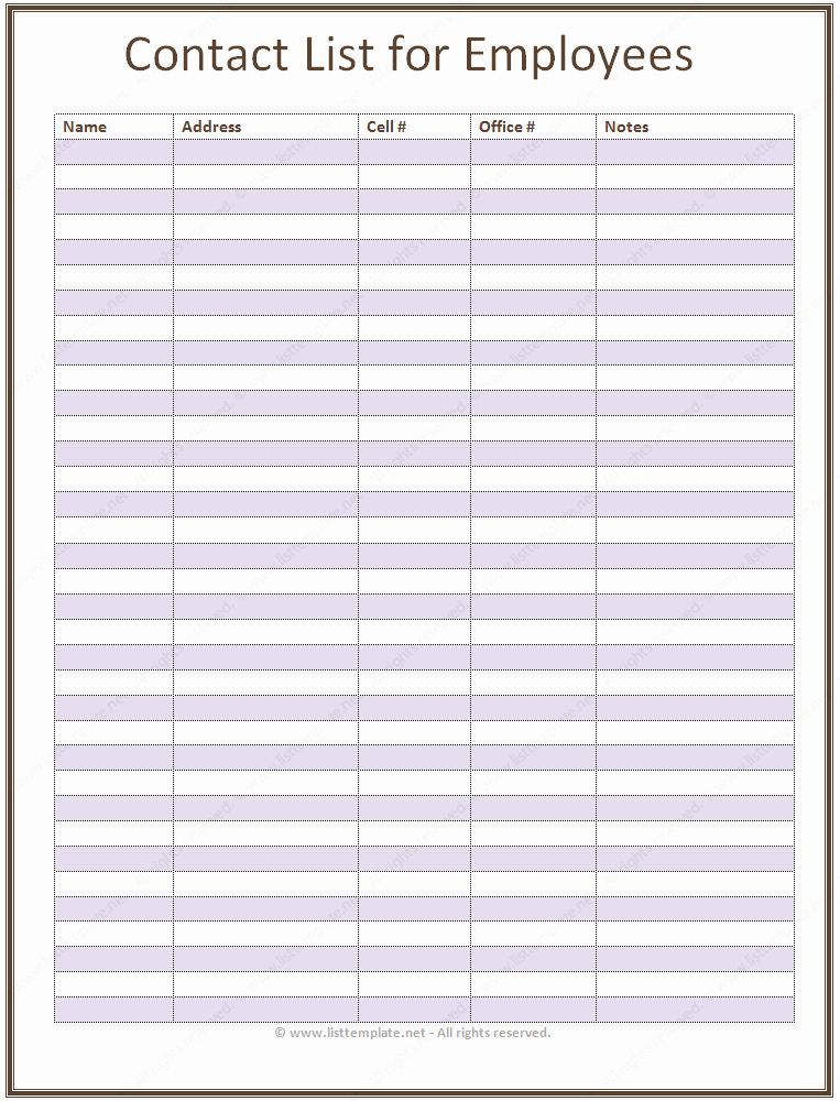 Phone List Template for Word New Employee Contact List Template Basic List Templates