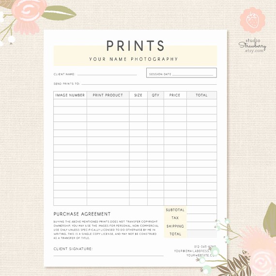 Photography order form Template Excel Beautiful order form Template Graphy order form Graphy