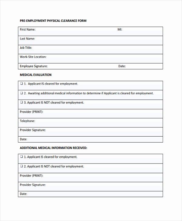 Physical Examination form for Work Best Of 7 Pre Employment Physical forms Free Sample Example