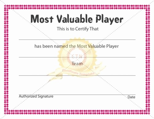 Player Of the Game Certificate Unique Mvp or Most Valuable Player is A Certificate Award to the