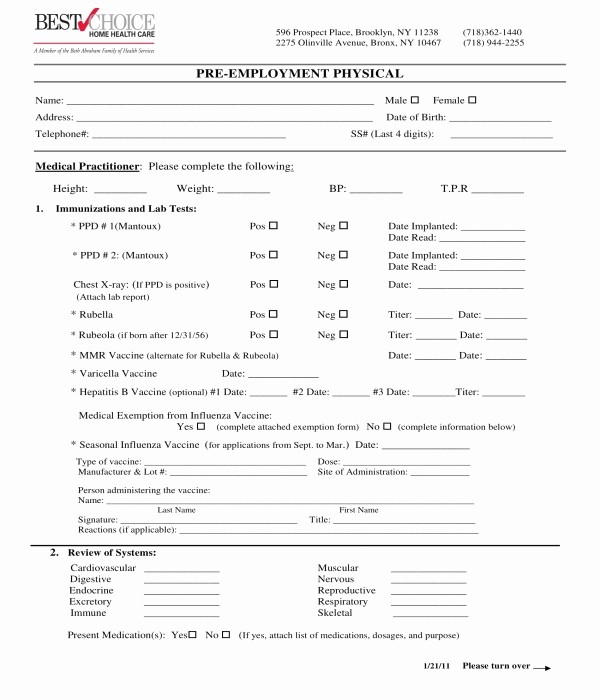 Pre Employment Physical form Template Awesome Plete Physical forms Creativehobbyore