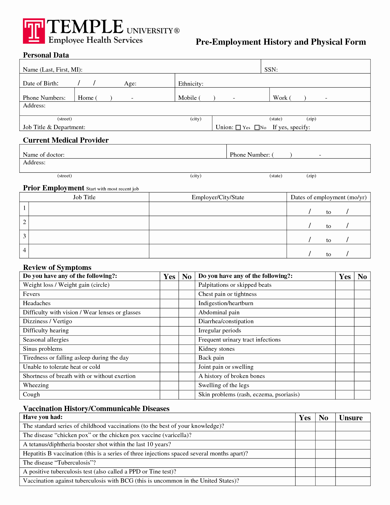 Pre Employment Physical form Template Beautiful History Physical form Template Blank History and Physical