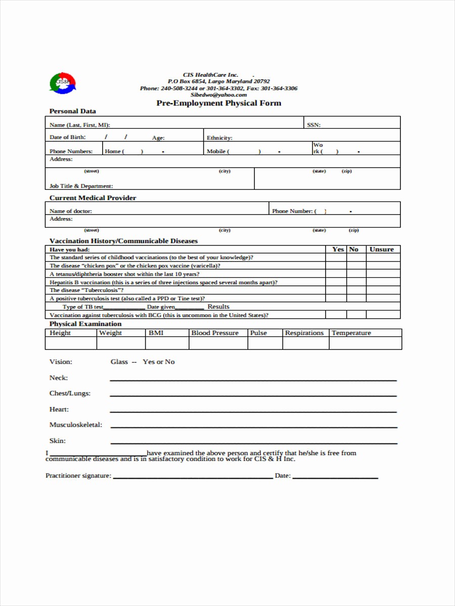 Pre Employment Physical form Template Beautiful Pre Employment Physical Exam form Bing Images