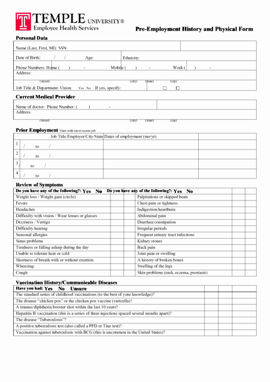Pre Employment Physical form Template Luxury Pre Employment History and Physical form Printable Pdf