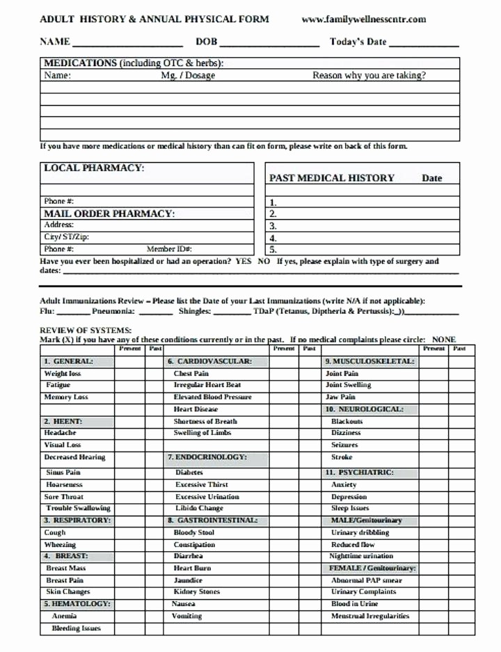 Pre Employment Physical form Template New Plete Physical Exam Template Filename Blank History and