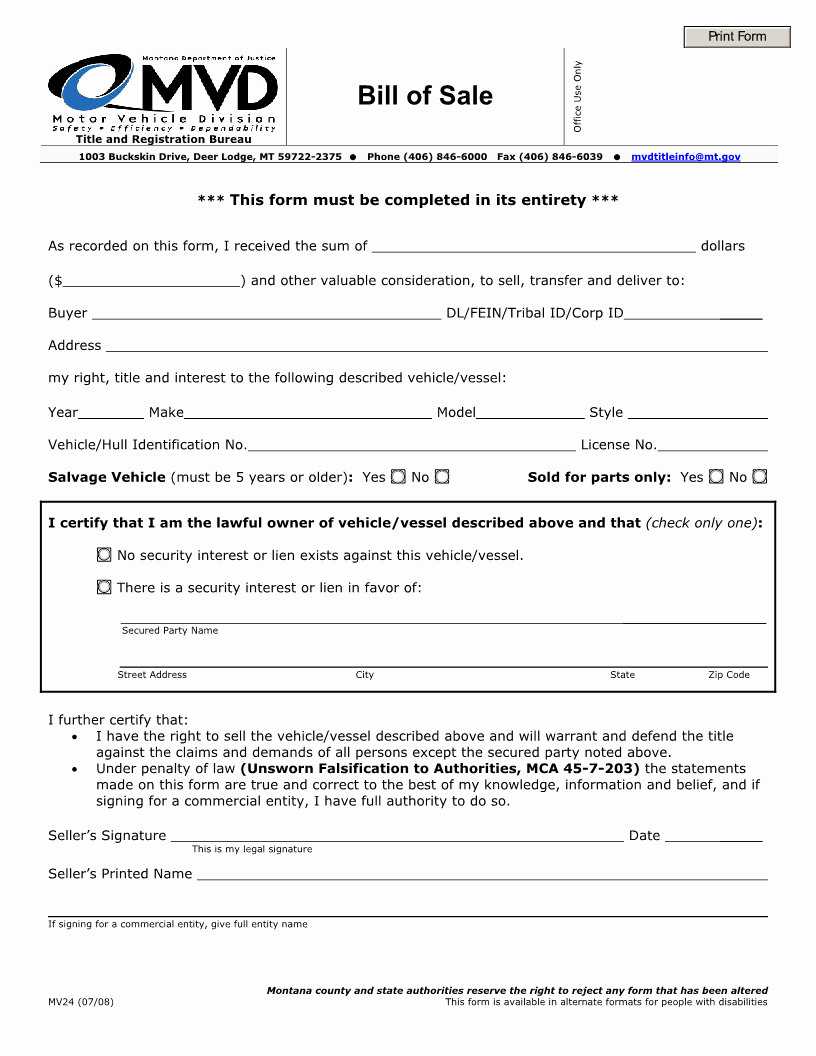 Print Bill Of Sale Car Awesome Free Montana Vehicle Bill Of Sale form Download Pdf