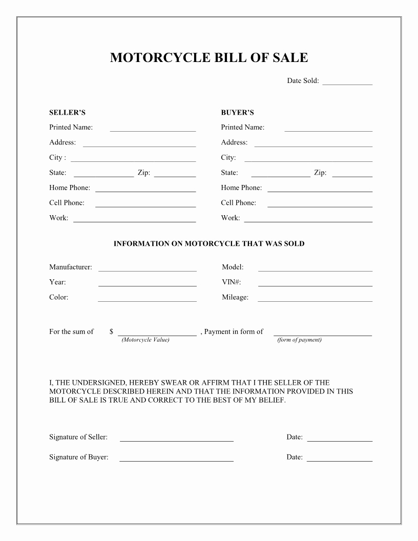 Print Free Bill Of Sale New Free Printable Motorcycle Bill Of Sale form Generic