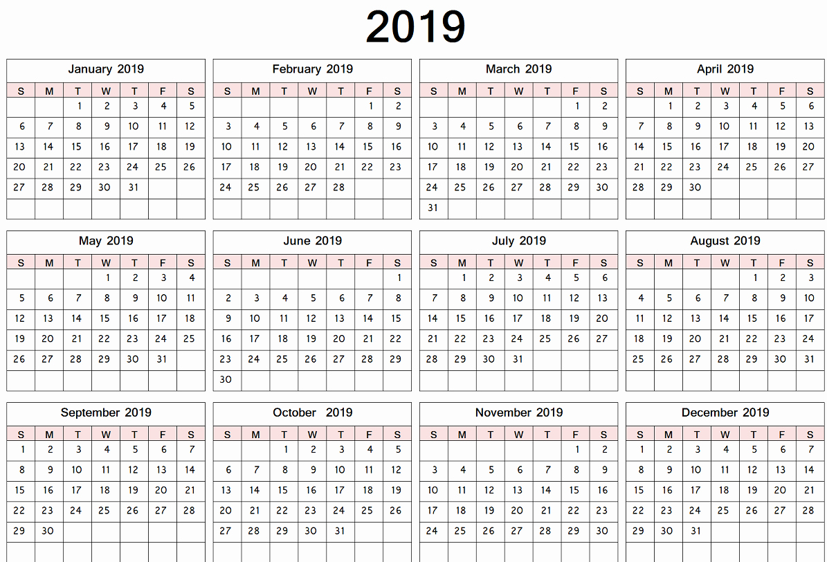 Printable 12 Month Calendar 2019 Elegant 12 Month Yearly Calendar 2019 – Free Printable 2018