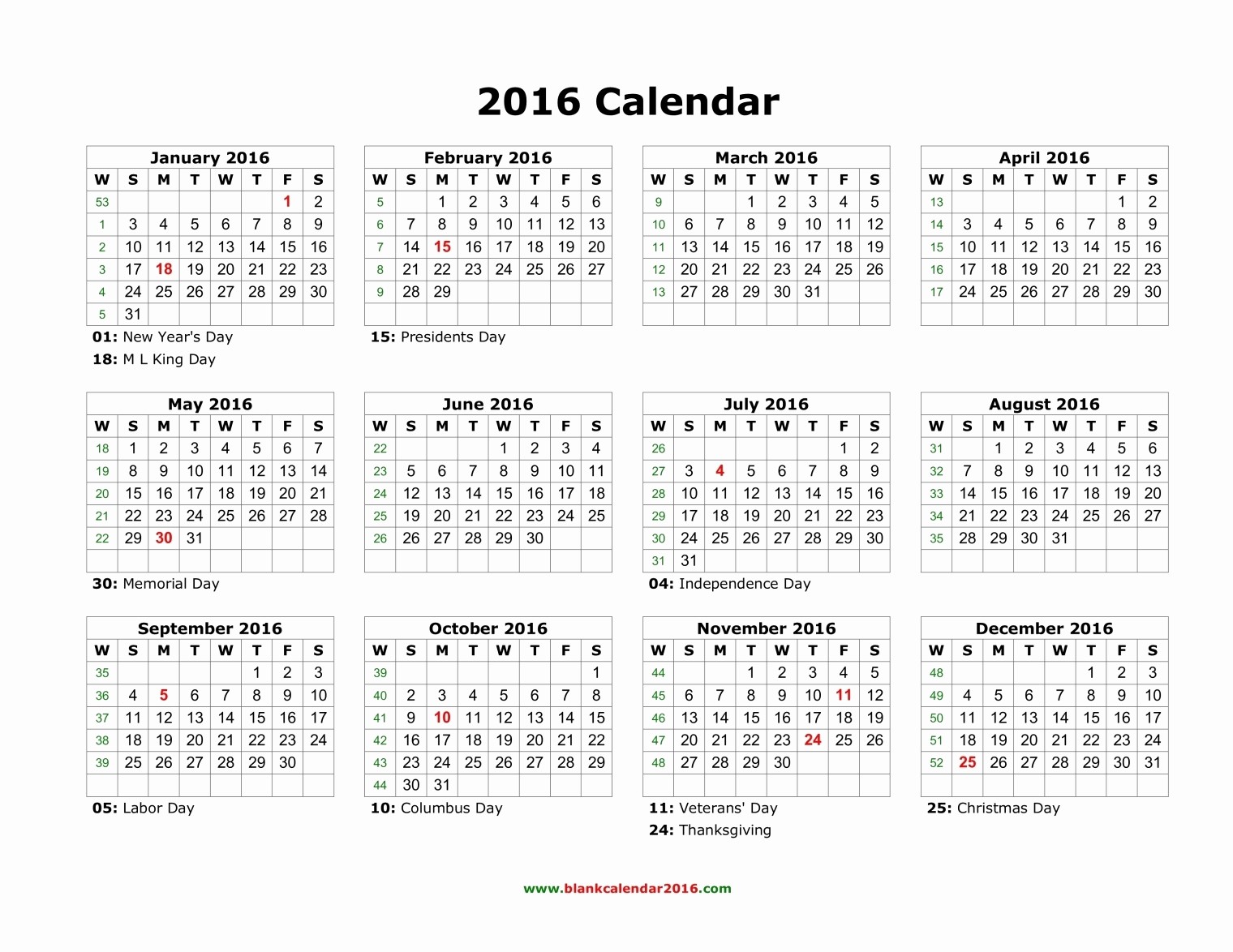 Printable 2016 Calendars with Holidays Fresh 2016 Yearly Calendar with Holidays Printable