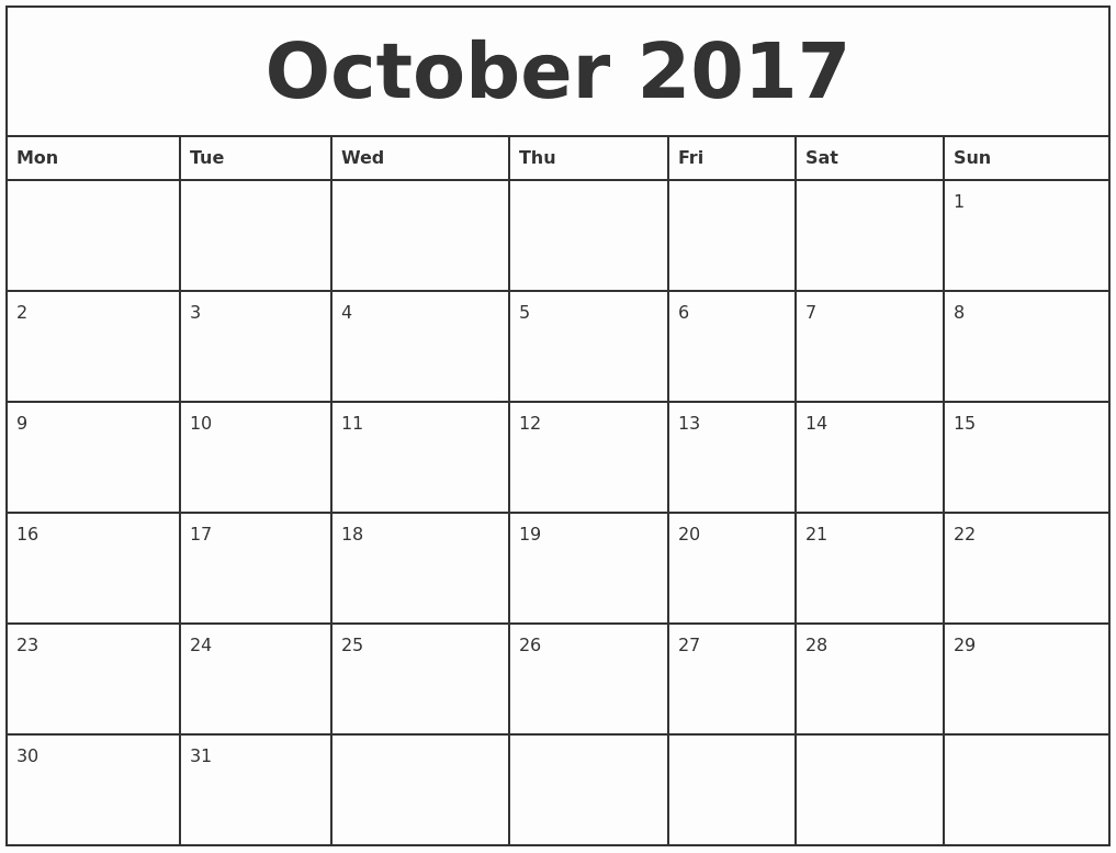 Printable 2017 Monthly Calendar Template Best Of October 2017 Printable Monthly Calendar