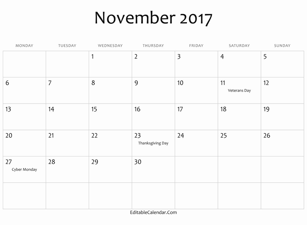 Printable 2017 Monthly Calendar Template Unique 2017 November Calendar In Word Printable Monthly
