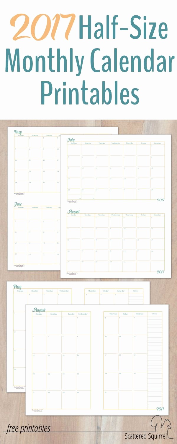 Printable 3 Month Calendar 2017 Inspirational 2017 Half Size Monthly Calendar Printables