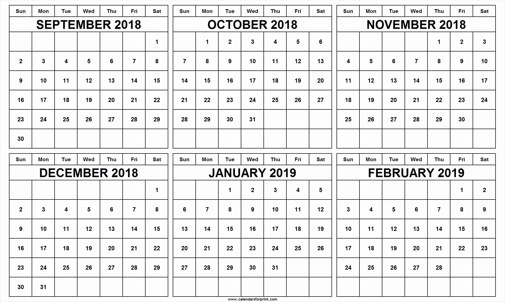 Printable 6 Month Calendar 2018 Lovely September 2018 to February 2019 Calendar Templates Free