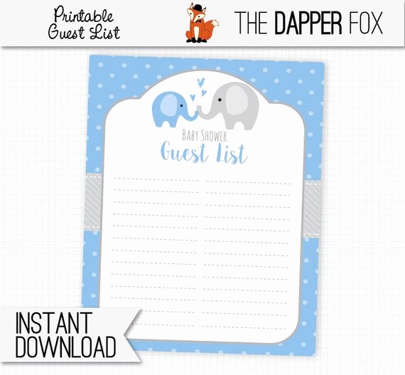 Printable Baby Shower Guest List Lovely Baby Shower Guest List Blue Elephant Printable Guestlist