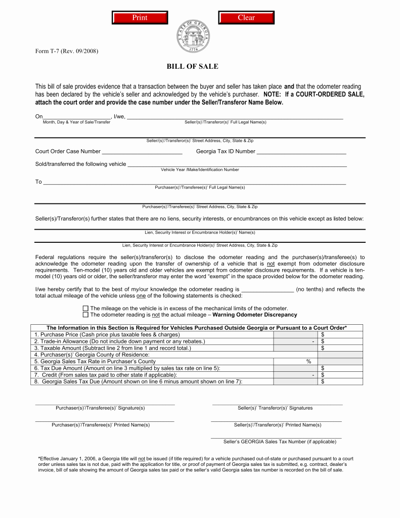 Printable Bill Of Sale Ga Best Of Georgia Motor Vehicle Bill Of Sale form T 7