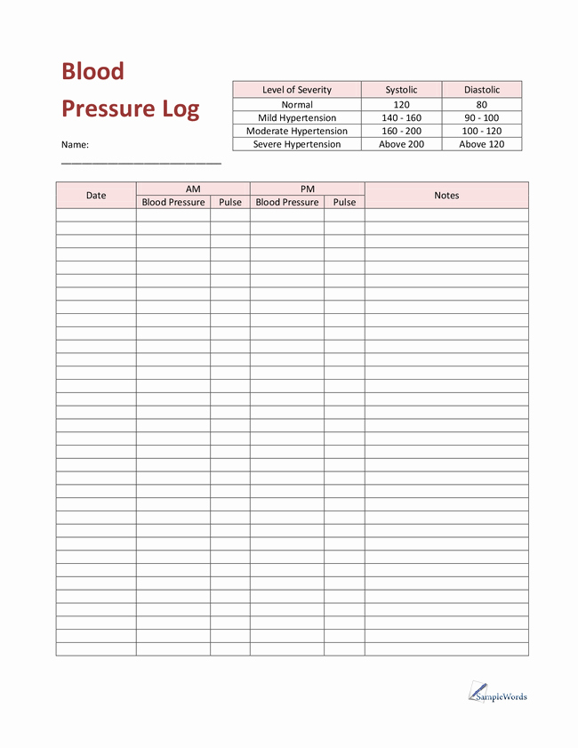 Printable Blood Pressure Chart Template Awesome 7 Best Of Blood Pressure Log Pdf Printable