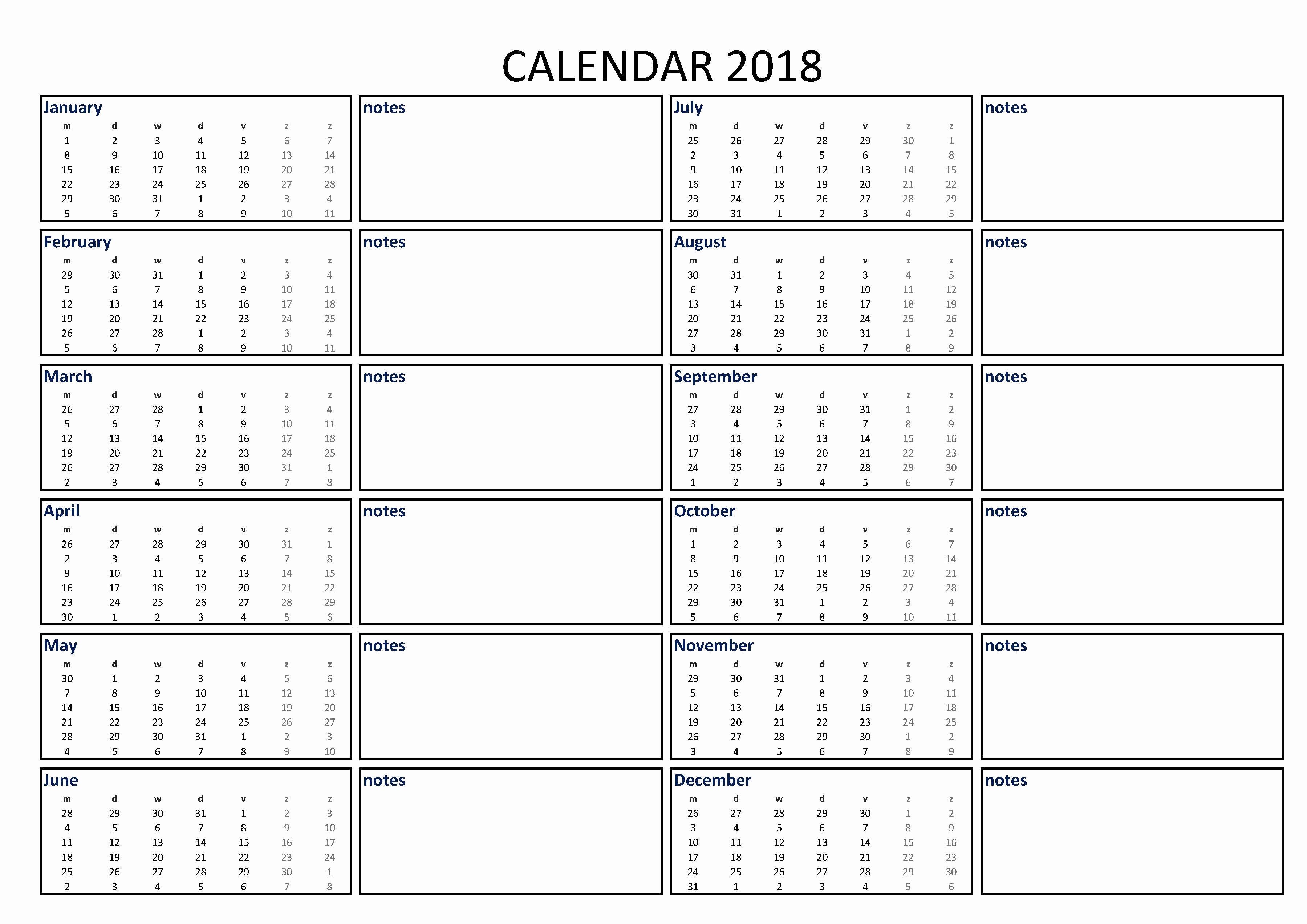 Printable Calendar 2018 with Notes Beautiful 2018 Calendar Excel A3 with Notes Download Our Free