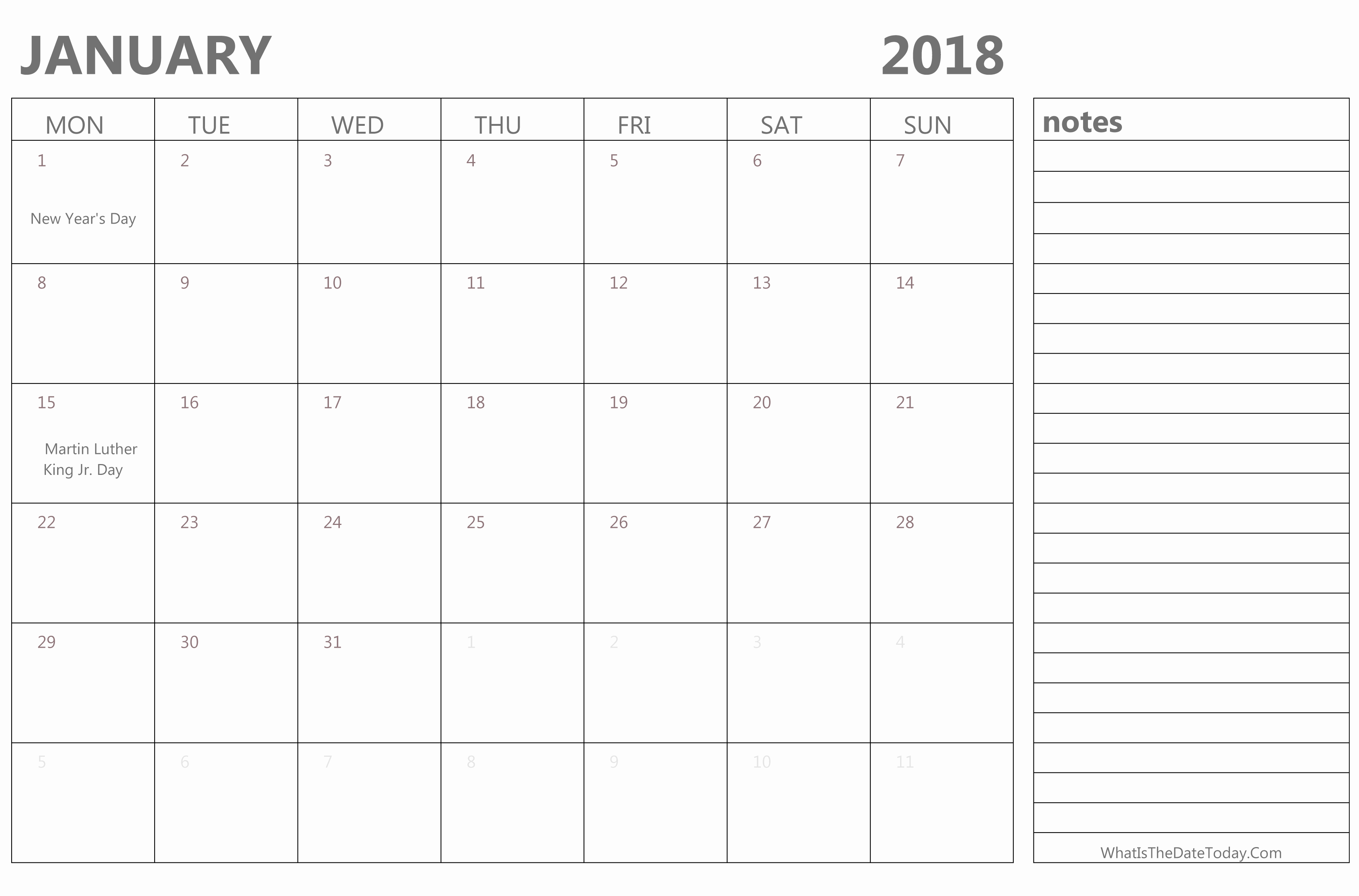 Printable Calendar 2018 with Notes Elegant January 2018 Calendar with Notes Printable