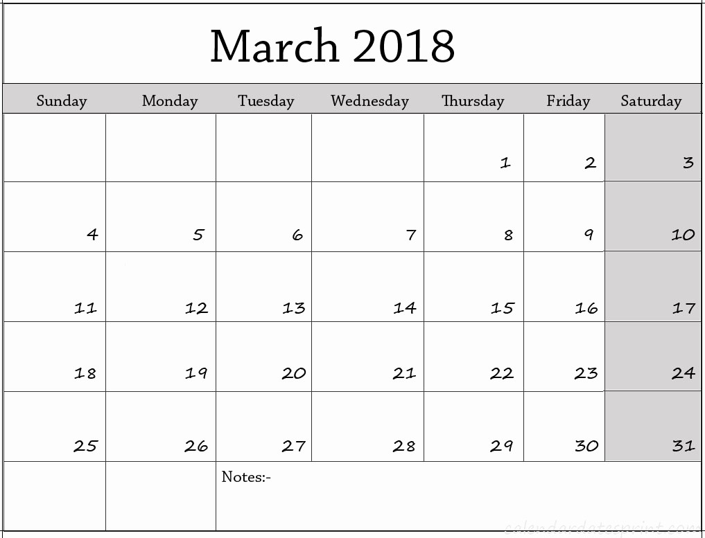 Printable Calendar 2018 with Notes Fresh March 2018 Calendar with Notes Printable Template