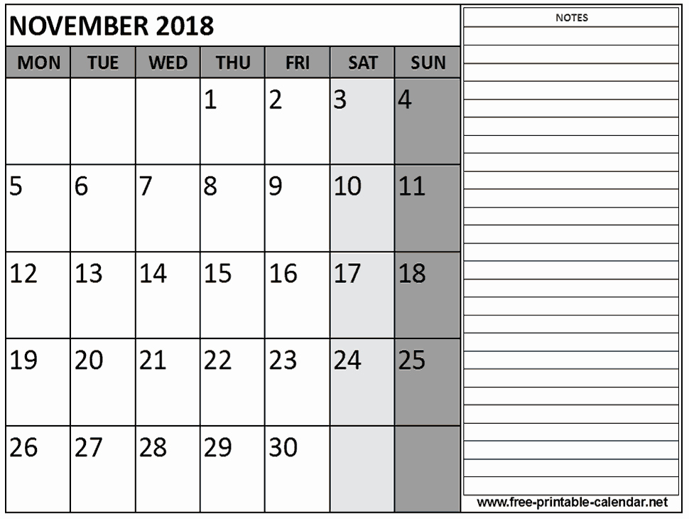Printable Calendar 2018 with Notes Inspirational Printable 2018 November Calendar