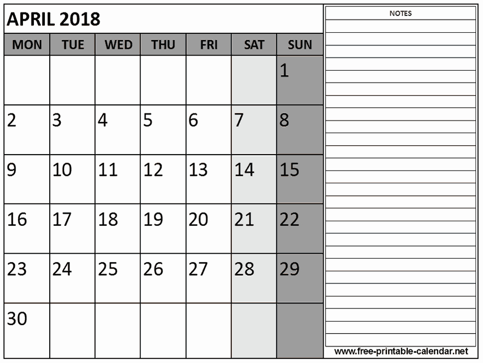 Printable Calendar 2018 with Notes Lovely Printable 2018 April Calendar