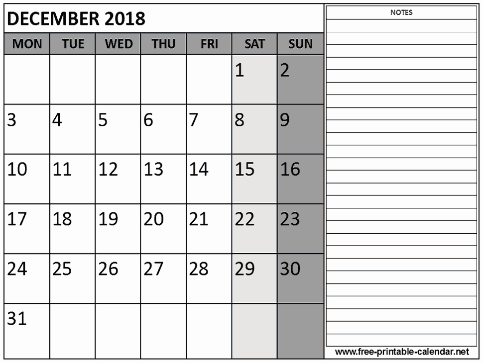 Printable Calendar 2018 with Notes Lovely Printable 2018 December Calendar