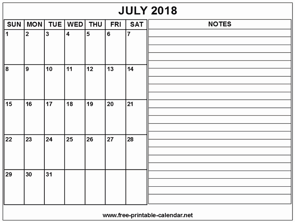 Printable Calendar 2018 with Notes Lovely Printable Calendar 2018 July Download &amp; Print Calendars