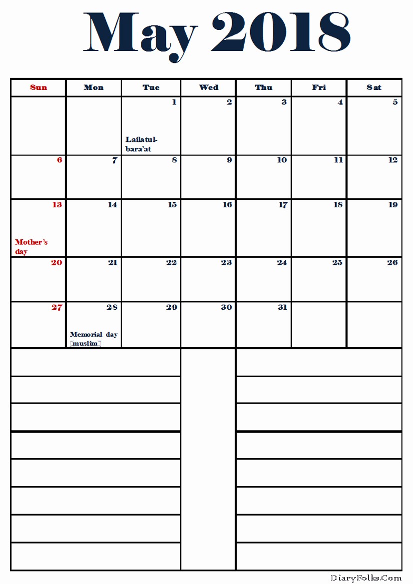Printable Calendar 2018 with Notes Lovely Printable May 2018 Calendar with Notes