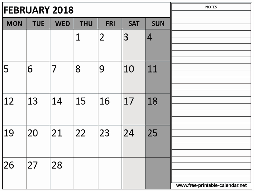 Printable Calendar 2018 with Notes New Printable 2018 February Calendar