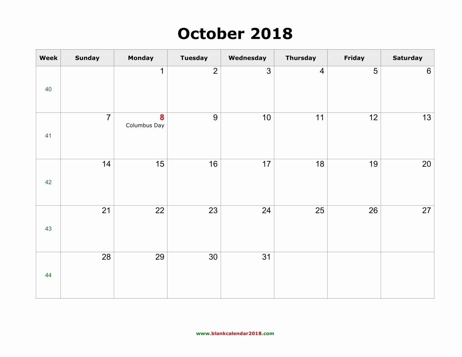 Printable Calendar December 2018 Landscape Beautiful Blank Calendar for October 2018