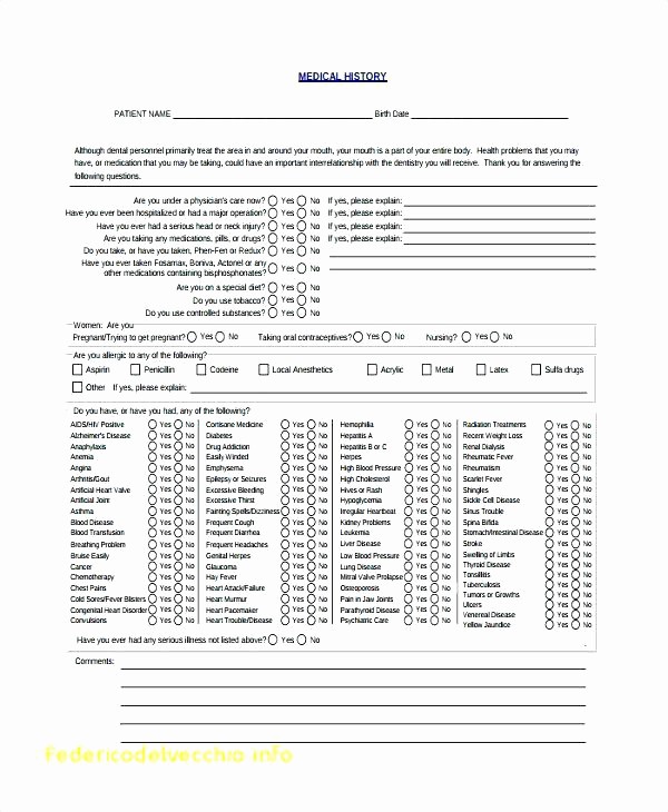 Printable Family Health History form Fresh Health History form Template Personal Medical Dental