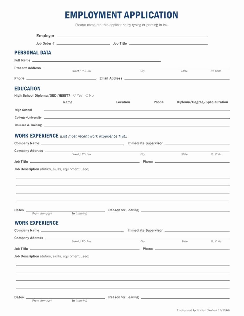 Printable Generic Job Application form Fresh 10 Employment Application form Free Samples Examples