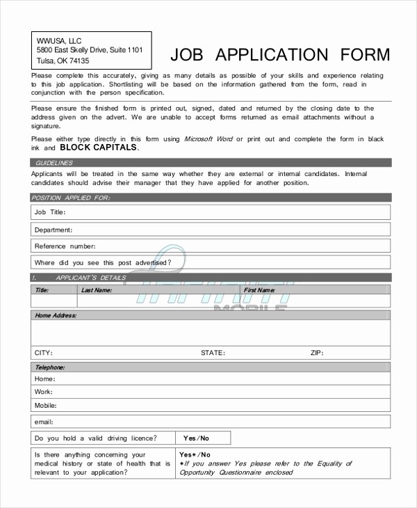 Printable Generic Job Application form New Sample Generic Job Application form 9 Free Documents In