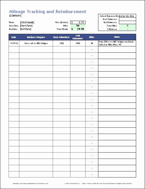 Printable Mileage Log for Taxes Beautiful Download the Business Mileage Tracking Log From Vertex42