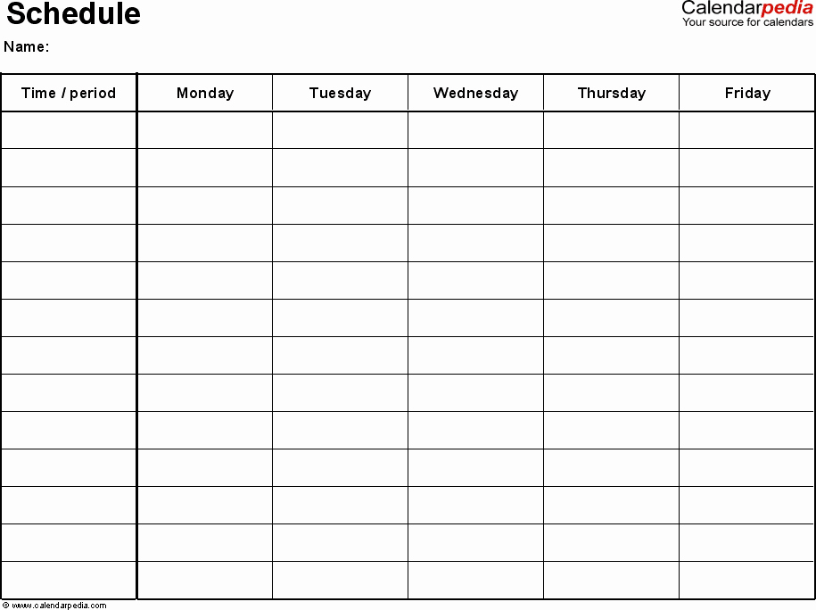 Printable Monday Through Friday Calendar Fresh Excel Schedule Template 1 Landscape format 1 Page
