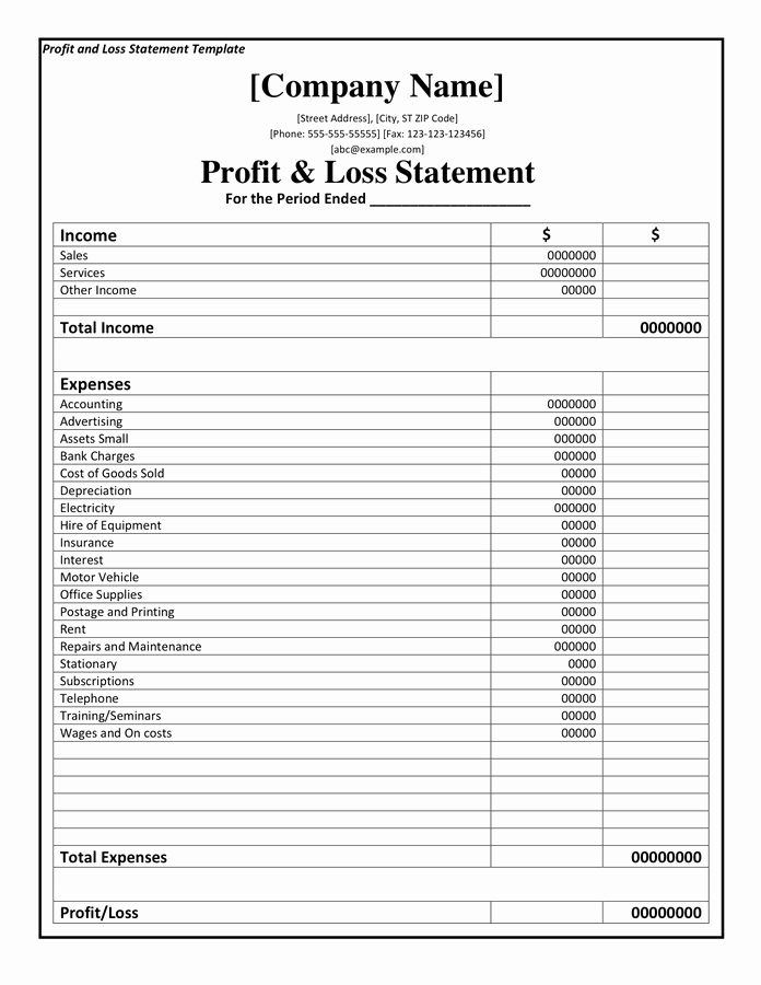 Printable Profit and Loss Statement New Profit and Loss Statement Template